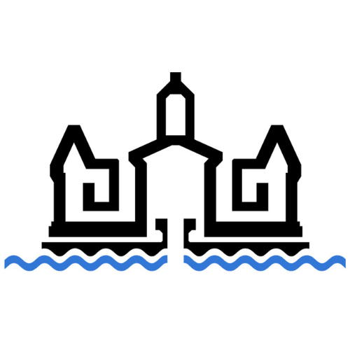 Logo de l'Atelier d'histoire Mercier-Hochelaga-Maisonneuve représentant la forme abstraite du marché Maisonneuve en noir ainsi qu'une ligne bleu ondulée représentant le fleuve.