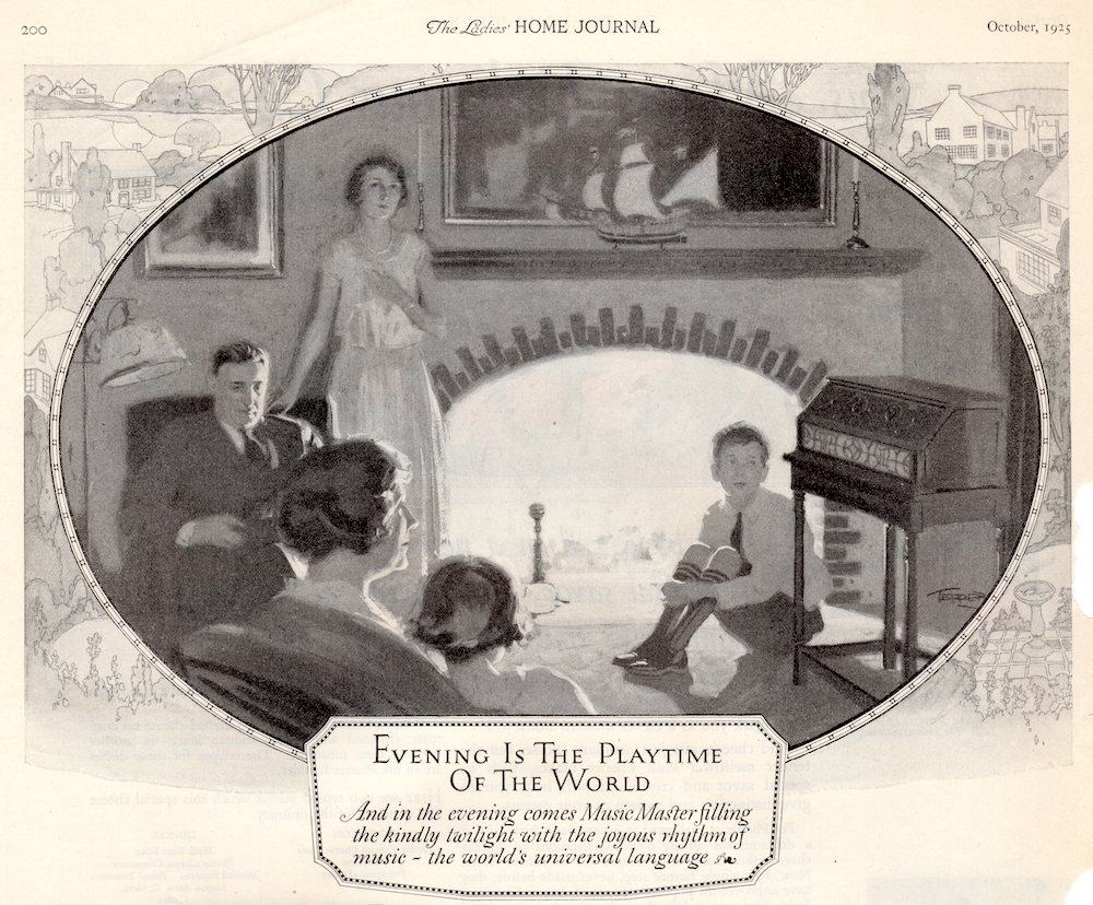 Page du journal The Ladies Home écrite en anglais. Devant un fond de paysage intime évanoui se trouve une illustration de forme ovale en noir et blanc représentant une famille représentant une mère, un père, deux filles et un fils assis à l'intérieur devant une cheminée allumée et une radio.