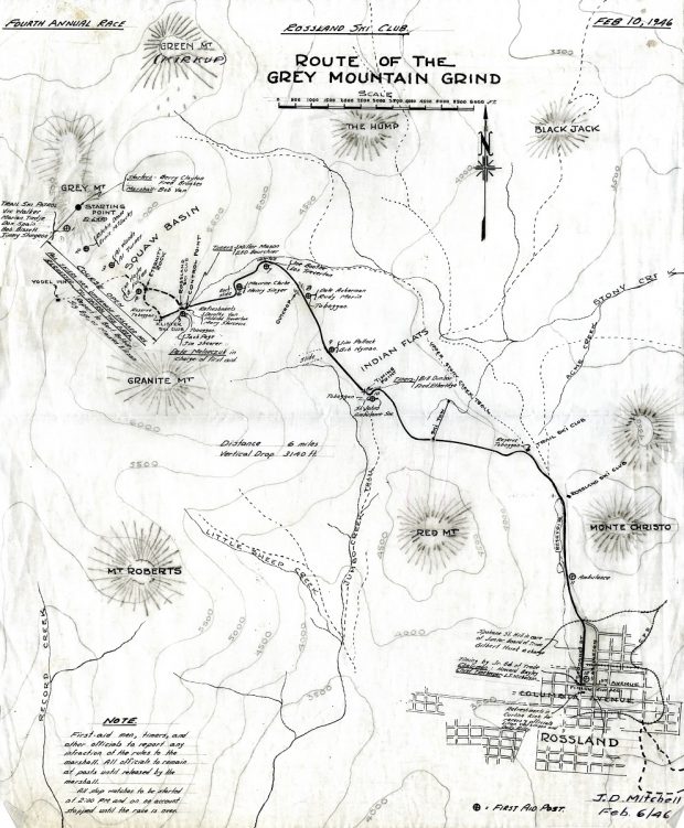 Carte topographique précisant les points de repères devant lesquels les skieurs passent en effectuant le parcours de la course du Grey Mountain Grind.