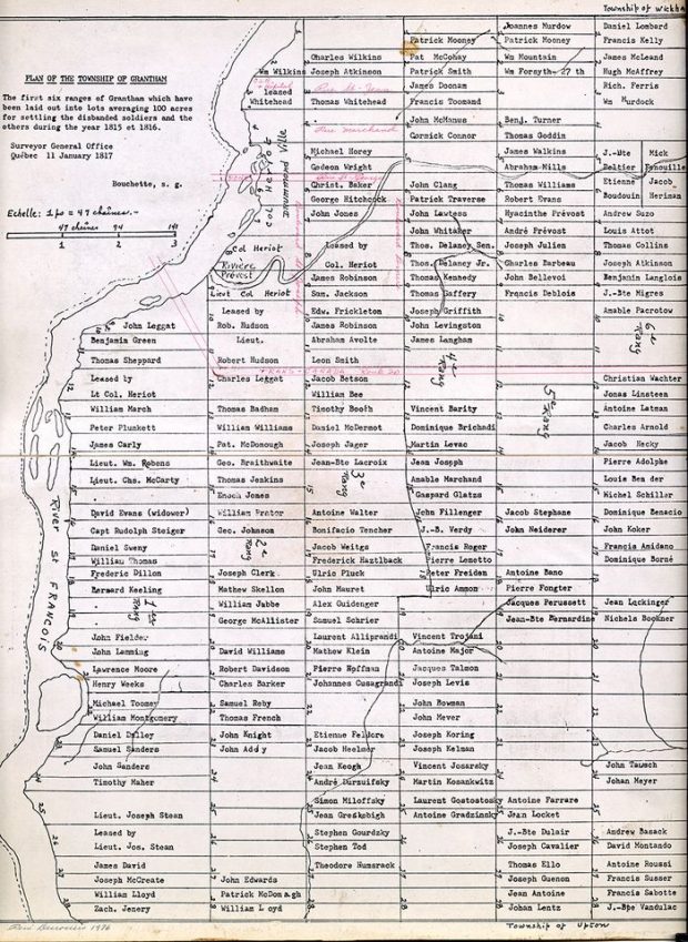 Plan du canton de Grantham démontrant la répartition des terres le long de la rivière Saint-François.