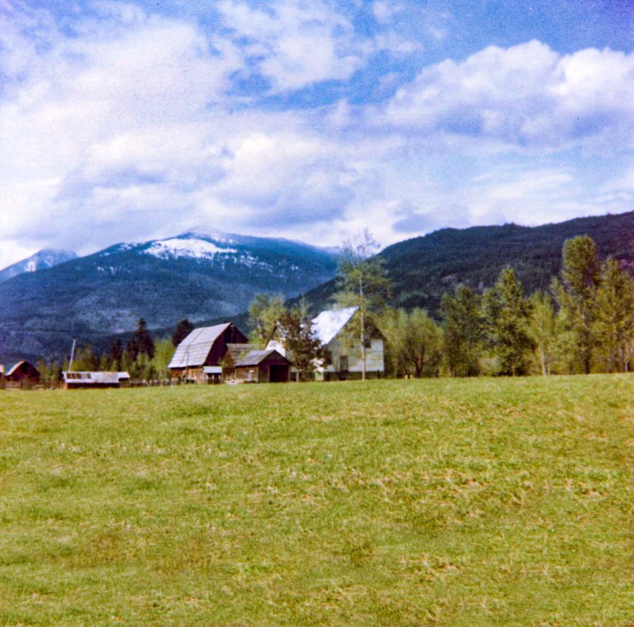 Photographie couleur de bâtiments agricoles entourés d’arbres dans un champ verdoyant. Les montagnes sont en arrière-plan avec un ciel partiellement nuageux.