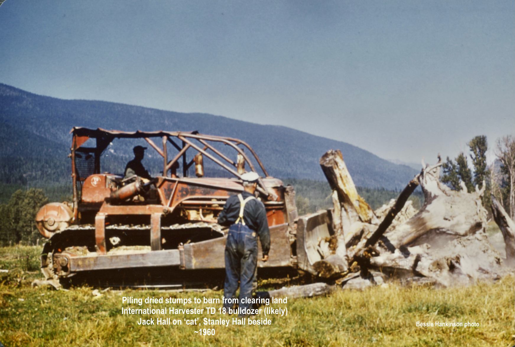 Photo en couleur d'un homme dans un bouteur déplaçant de grosses souches d'arbres. Un autre homme se tient de dos devant le bouteur.