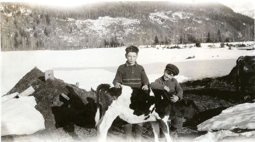 Photographie en noir et blanc de deux garçons et un veau. Le garçon de droite porte une casquette et s’appuie sur la bête. À l’arrière-plan, on voit des tas de terre et un champ couvert de neige.