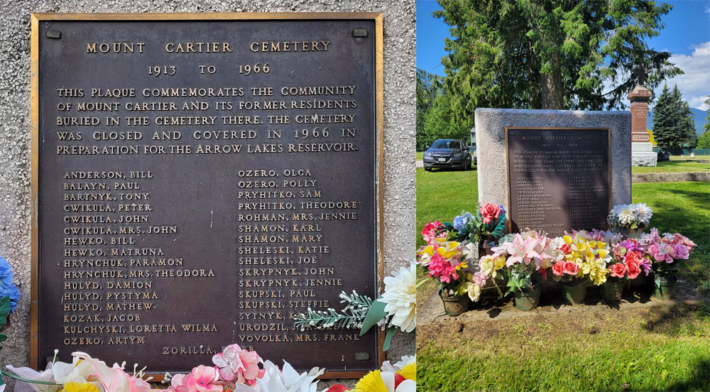 Deux photos couleur, montées côte à côte, d’une plaque de cimetière intitulée « Mount Cartier Cemetery (Cimetière de Mount Cartier) 1913 to 1966 », affichant deux colonnes de noms. La photo de gauche fait un gros plan sur la liste de noms, et la photo de droite montre une vue un peu plus reculée du paysage autour de la pierre tombale. Des fleurs entourent le bas de la plaque/pierre tombale.