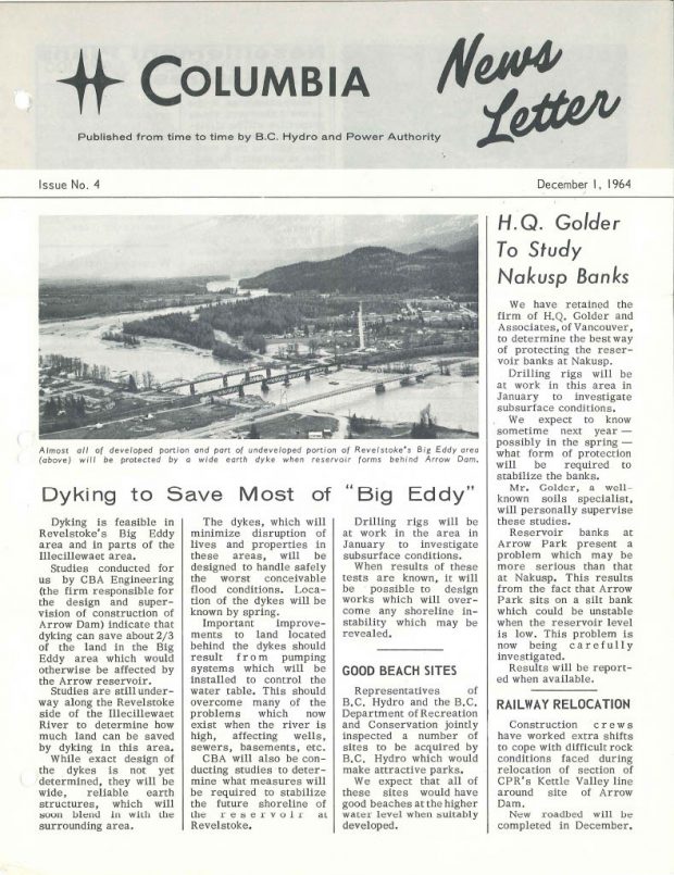 Numéro 4 de la Columbia River News Letter, datant du 1er décembre 1964. Une photographie du quartier du Big Eddy à Revelstoke apparaît en haut. Elle est entourée d’articles intitulés : « Dyking to Save Most of Big Eddy (Endiguement pour sauver la plupart du Big Eddy) », « H.Q. Golder to Study Nakusp Banks (H.Q. Golder étudiera les rives de Nakusp) », « Good Beach Sites (Sites potentiels de plages) », et « Railway Relocation (Déplacement de la ligne ferroviaire) ».