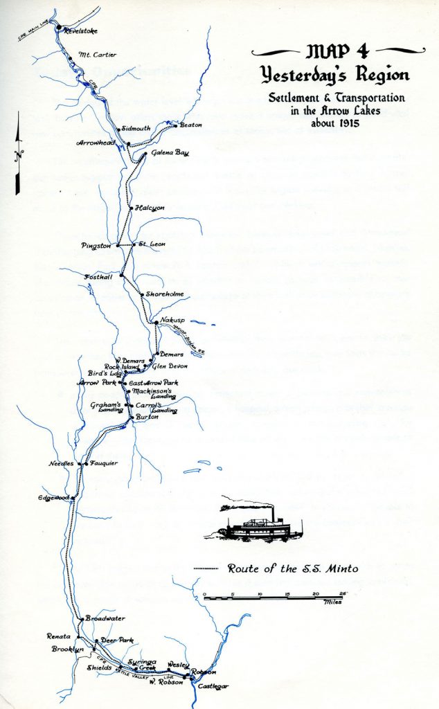 Map with a white background, blue lines, and black markers mapping out the route of the SS Minto showing Revelstoke to Castlegar. Text on the top right reads "Map 4 Yesterday's Region. Settlement and Transportation in the Arrow Lakes about 1915."