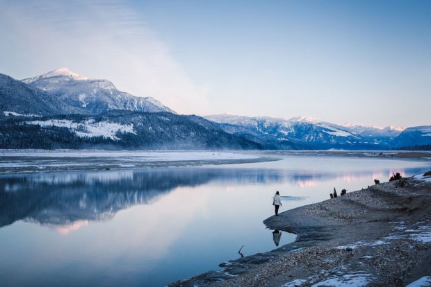 Photographie en couleur de montagnes enneigées se reflétant sur une étendue d'eau. Une personne se tient de dos sur la berge rocailleuse.