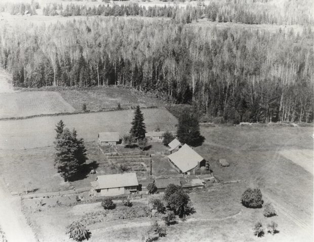 Photographie aérienne en noir et blanc d’une ferme, montrant une maison de ferme, une grange et d’autres bâtiments agricoles. On aperçoit des conifères autour de la propriété et un grand secteur boisé en arrière-plan.