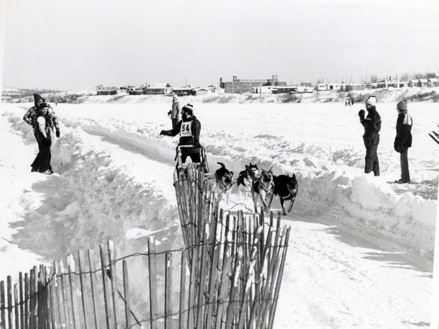 Vue extérieure en hiver. Au centre, sur une piste enneigée, un homme avec un dossard à numéro sur un attelage de traîneau à chiens. Des personnes observent la course sur le bord de la piste.