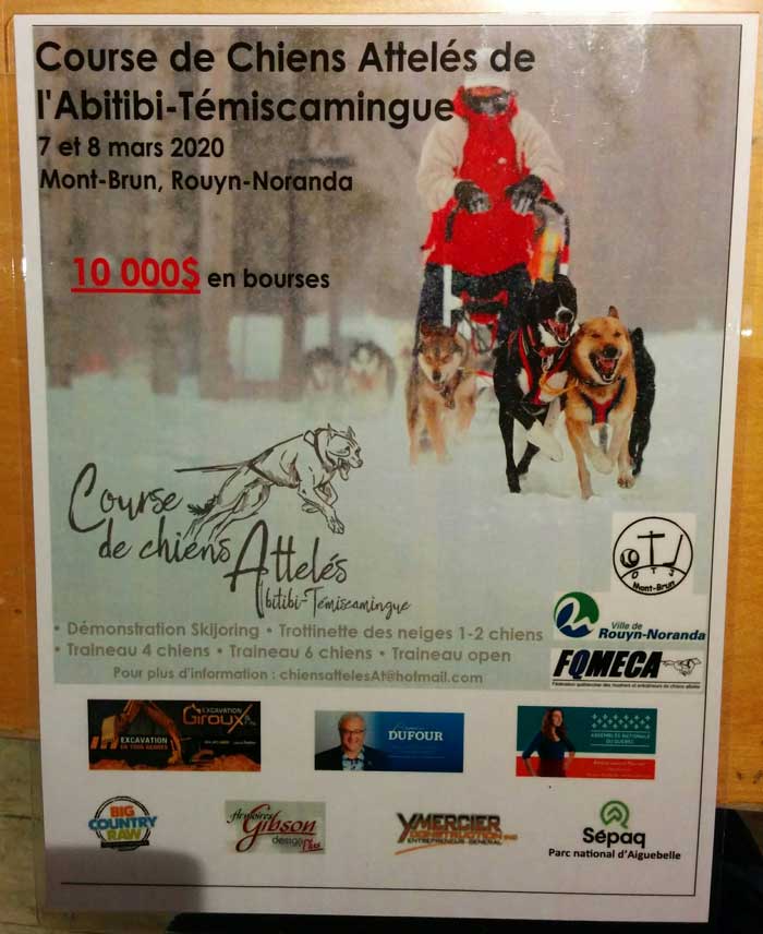 Affiche publicitaire avec une photo d'une vue d'un traîneau avec des chiens attelés en hiver.