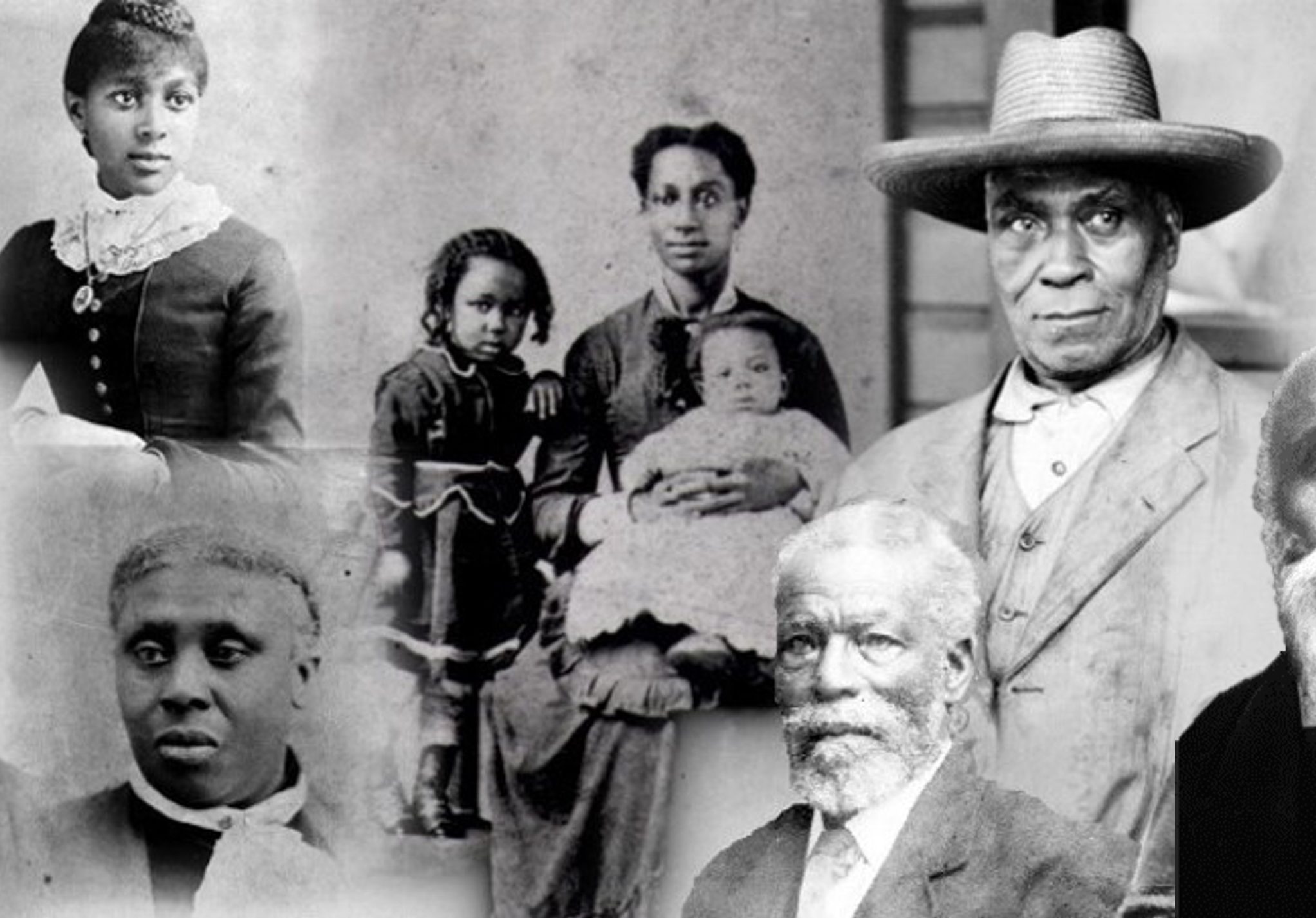 Collage de visages d’hommes, de femmes et d’enfants noirs d’âges divers arrivés en Colombie-Britannique en 1858